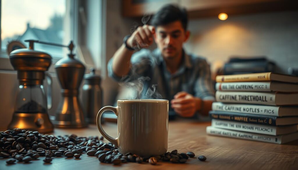 A cozy kitchen counter at dusk, bathed in warm, soft lighting. In the foreground, a steaming mug of freshly brewed coffee, its rich aroma drifting through the air. Surrounding it, an array of coffee beans, a vintage-style coffee grinder, and a stack of books on caffeine's effects. In the middle ground, a person's hand reaches for the mug, their expression pensive, as if contemplating the caffeine threshold. Behind them, the kitchen fades into a hazy, dreamlike background, evoking a sense of introspection and the balance between the benefits and drawbacks of caffeine consumption.