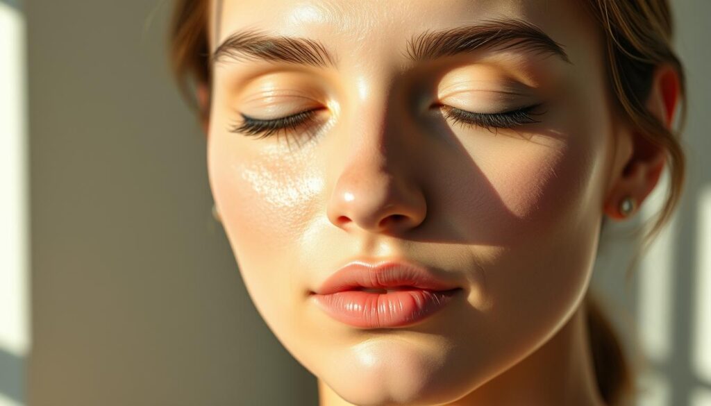 A serene close-up shot of a woman's face, illuminated by soft, diffused natural lighting. The skin appears radiant, glowing with a healthy, youthful sheen. The focus is on the complexion, highlighting the smooth, even texture and luminous tone. Scattered across the face are subtle hints of matcha green hues, suggesting the rejuvenating benefits of this concentrated antioxidant-rich tea. The overall mood is one of calm, peaceful tranquility, conveying the nourishing and anti-aging properties of matcha and white tea for refined, ageless skin. A serene close-up shot of a woman's face, illuminated by soft, diffused natural lighting. The skin appears radiant, glowing with a healthy, youthful sheen. The focus is on the complexion, highlighting the smooth, even texture and luminous tone. Scattered across the face are subtle hints of matcha green hues, suggesting the rejuvenating benefits of this concentrated antioxidant-rich tea. The overall mood is one of calm, peaceful tranquility, conveying the nourishing and anti-aging properties of matcha and white tea for refined, ageless skin.