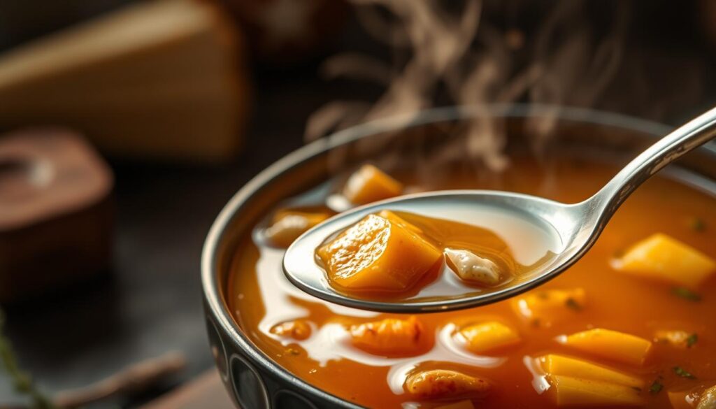 A steaming bowl of bone broth, its rich amber hue glistening under warm studio lighting. Chunks of collagen-rich bones and vegetables are simmered to perfection, creating a thick, gelatinous liquid. The aroma of herbs and spices wafts through the air, inviting the viewer to savor the restorative power of this ancient elixir. In the foreground, a spoon dips into the broth, revealing its viscous, nourishing texture. The background is softly blurred, focusing attention on the star of the scene - a bowl brimming with the essence of slow-cooked, collagen-infused goodness. A steaming bowl of bone broth, its rich amber hue glistening under warm studio lighting. Chunks of collagen-rich bones and vegetables are simmered to perfection, creating a thick, gelatinous liquid. The aroma of herbs and spices wafts through the air, inviting the viewer to savor the restorative power of this ancient elixir. In the foreground, a spoon dips into the broth, revealing its viscous, nourishing texture. The background is softly blurred, focusing attention on the star of the scene - a bowl brimming with the essence of slow-cooked, collagen-infused goodness.