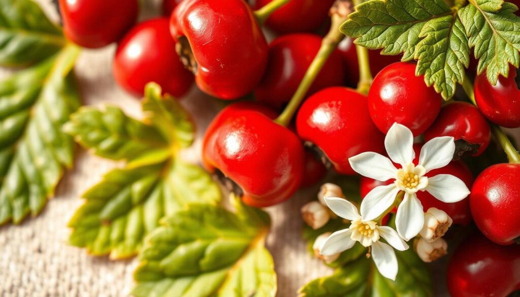 A vibrant, macro-style photograph of freshly harvested hawthorn berries, leaves, and flowers against a soft, blurred background. The berries are plump and glossy, displaying their distinctive deep red hue. The leaves are lush and green, with their distinctive lobed shape. The small, delicate white flowers are in full bloom, their petals gently opening to the light. The lighting is warm and natural, accentuating the rich colors and textures of the plant. The composition is balanced, with the hawthorn elements filling the frame and drawing the viewer's eye to the heart-healthy ingredients. A vibrant, macro-style photograph of freshly harvested hawthorn berries, leaves, and flowers against a soft, blurred background. The berries are plump and glossy, displaying their distinctive deep red hue. The leaves are lush and green, with their distinctive lobed shape. The small, delicate white flowers are in full bloom, their petals gently opening to the light. The lighting is warm and natural, accentuating the rich colors and textures of the plant. The composition is balanced, with the hawthorn elements filling the frame and drawing the viewer's eye to the heart-healthy ingredients.