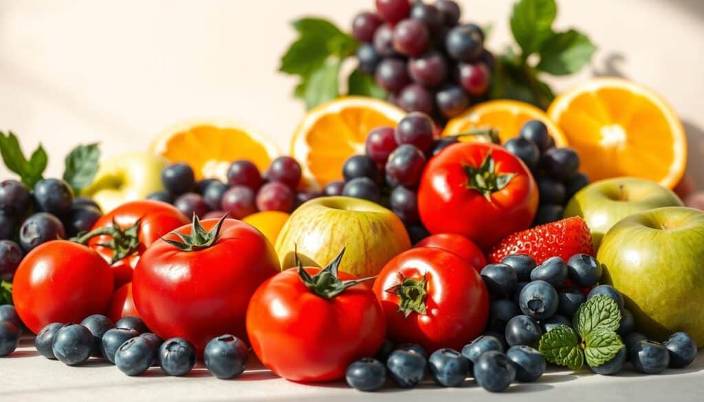 A vibrant still life featuring an assortment of colorful, ripe fruits against a soft, neutral background. In the foreground, an array of juicy, red tomatoes, plump blueberries, and crisp, green apples are artfully arranged. Behind them, clusters of deep purple grapes and succulent, orange slices add depth and variety. Warm, natural lighting casts gentle shadows, highlighting the textures and vibrant hues of the produce. The composition conveys a sense of health, freshness, and the bounty of nature - a visual representation of the nourishing, blood pressure-lowering properties of these carefully selected fruits. A vibrant still life featuring an assortment of colorful, ripe fruits against a soft, neutral background. In the foreground, an array of juicy, red tomatoes, plump blueberries, and crisp, green apples are artfully arranged. Behind them, clusters of deep purple grapes and succulent, orange slices add depth and variety. Warm, natural lighting casts gentle shadows, highlighting the textures and vibrant hues of the produce. The composition conveys a sense of health, freshness, and the bounty of nature - a visual representation of the nourishing, blood pressure-lowering properties of these carefully selected fruits.