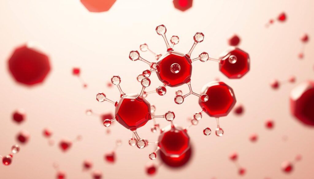 An abundant omega-3 fatty acids composition swimming in a clear, deep red blood plasma. Close-up view of the molecular structure of omega-3s, their phospholipid chains entwined with hemoglobin and other vital blood components. Crisp, detailed rendering with soft, natural lighting from the side, creating depth and highlighting the complexity of this nutritious, blood pressure-regulating substance. Positioned on a plain, neutral background to emphasize the subject. Conveys the importance of omega-3s for maintaining healthy blood flow and cardiovascular function. An abundant omega-3 fatty acids composition swimming in a clear, deep red blood plasma. Close-up view of the molecular structure of omega-3s, their phospholipid chains entwined with hemoglobin and other vital blood components. Crisp, detailed rendering with soft, natural lighting from the side, creating depth and highlighting the complexity of this nutritious, blood pressure-regulating substance. Positioned on a plain, neutral background to emphasize the subject. Conveys the importance of omega-3s for maintaining healthy blood flow and cardiovascular function.