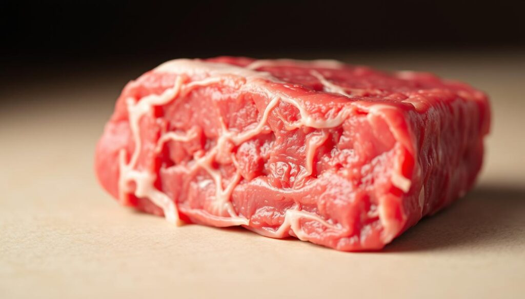 Closeup of vibrant red raw beef collagen, with intricate fibrous texture and translucent gelatinous appearance. Soft studio lighting from above casts a warm glow, highlighting the meat's natural richness and depth of color. The collagen is presented on a simple, neutral background to emphasize its unique qualities. Crisp focus and detailed rendering reveal the interwoven strands and subtle sheen, conveying the nutritional density and structural complexity of this essential protein. Closeup of vibrant red raw beef collagen, with intricate fibrous texture and translucent gelatinous appearance. Soft studio lighting from above casts a warm glow, highlighting the meat's natural richness and depth of color. The collagen is presented on a simple, neutral background to emphasize its unique qualities. Crisp focus and detailed rendering reveal the interwoven strands and subtle sheen, conveying the nutritional density and structural complexity of this essential protein.