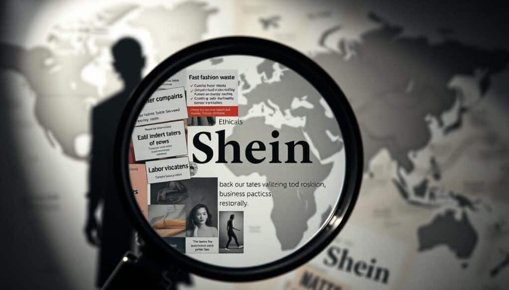 A high-contrast, documentary-style image depicting the reasons behind Shein's poor reputation. In the foreground, a magnifying glass scrutinizes a collage of customer complaints, quality issues, and ethical concerns - fast fashion waste, labor violations, and questionable business practices. In the middle ground, a shadowy, stylized figure representing Shein looms ominously. The background is a blurred, faded world map, hinting at Shein's global reach and supply chain opacity. The lighting is dramatic, with harsh shadows and muted tones, conveying a sense of investigation and unease. The overall composition suggests an in-depth, critical examination of Shein's controversies.
