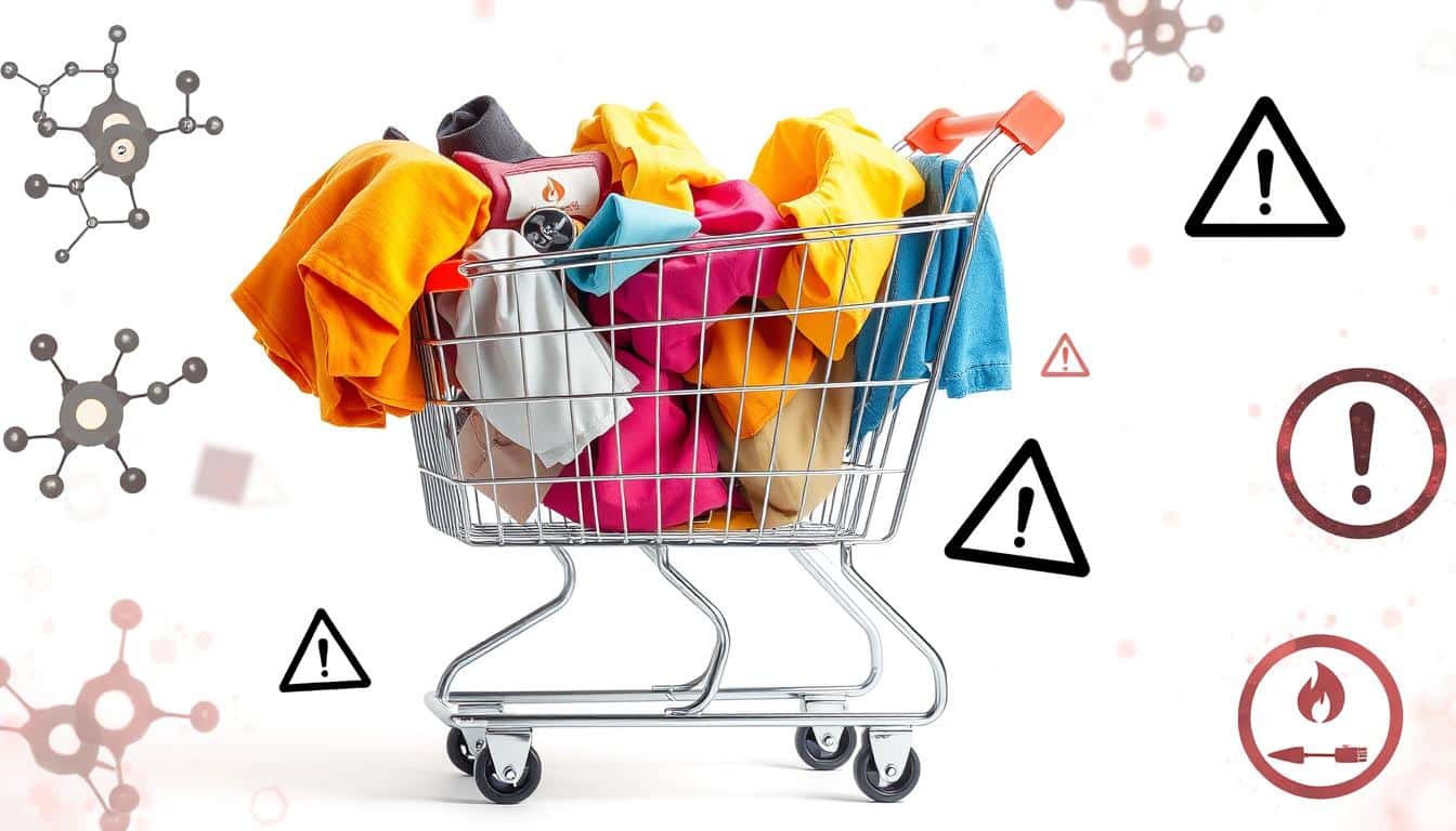 A high-resolution, hyper-realistic image of a shopping cart filled with various clothing items and accessories, set against a plain white background. The cart contains a mix of bright, colorful garments and more muted, neutral-toned pieces, suggesting a range of products. The items have a slightly distressed or worn appearance, hinting at potential quality concerns. Surrounding the cart are transparent overlays depicting chemical molecular structures, warning symbols, and other visual cues that evoke the idea of toxins and safety issues associated with the Shein brand. The overall composition conveys a sense of unease and raises questions about the trustworthiness of the Shein shopping experience.