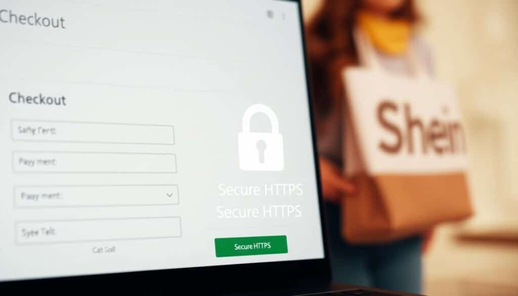 A high-resolution, photorealistic image of a Shein online checkout page with a prominent SSL/TLS security indicator. The foreground features a clean, minimalist checkout form with text fields for payment details. The middle ground showcases a padlock icon and "Secure HTTPS" text, indicating the encrypted connection. In the background, a blurred product image or Shein branding provides context. Warm, soft lighting creates a sense of trust and security. The entire scene conveys a professional, trustworthy e-commerce experience focused on data protection.