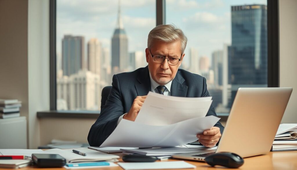 A middle-aged person in a formal business attire sitting at a desk, frowning and examining documents intently. The desk is cluttered with various office supplies, a laptop, and a phone. Behind the person, a large window offers a view of a bustling city skyline, conveying a sense of urgency and importance. The lighting is soft and warm, creating a professional and serious atmosphere. The overall composition emphasizes the person's focus and determination to investigate and report a suspected fraud case related to the Shein e-commerce platform.