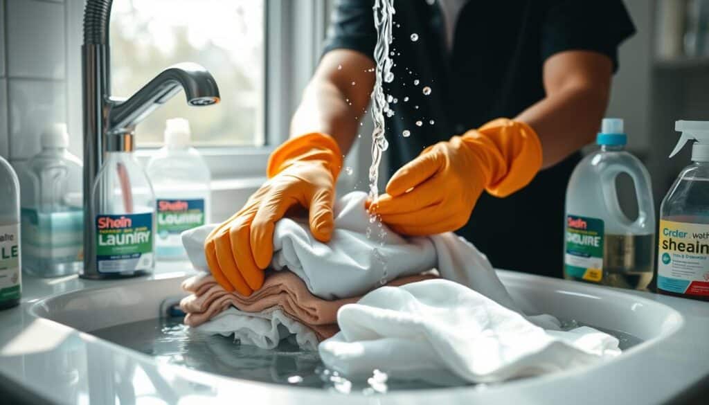 A person wearing rubber gloves carefully rinsing a pile of new Shein clothes under running water, surrounded by bottles of laundry detergent and stain removers. The scene is illuminated by natural light coming through a window, casting soft shadows and highlighting the dynamic motion of the washing process. The mood is one of diligence and concern, as the person meticulously cleans the garments to remove any potential chemical residues. The camera angle is slightly elevated, providing a comprehensive view of the activity while maintaining an intimate, personal perspective.