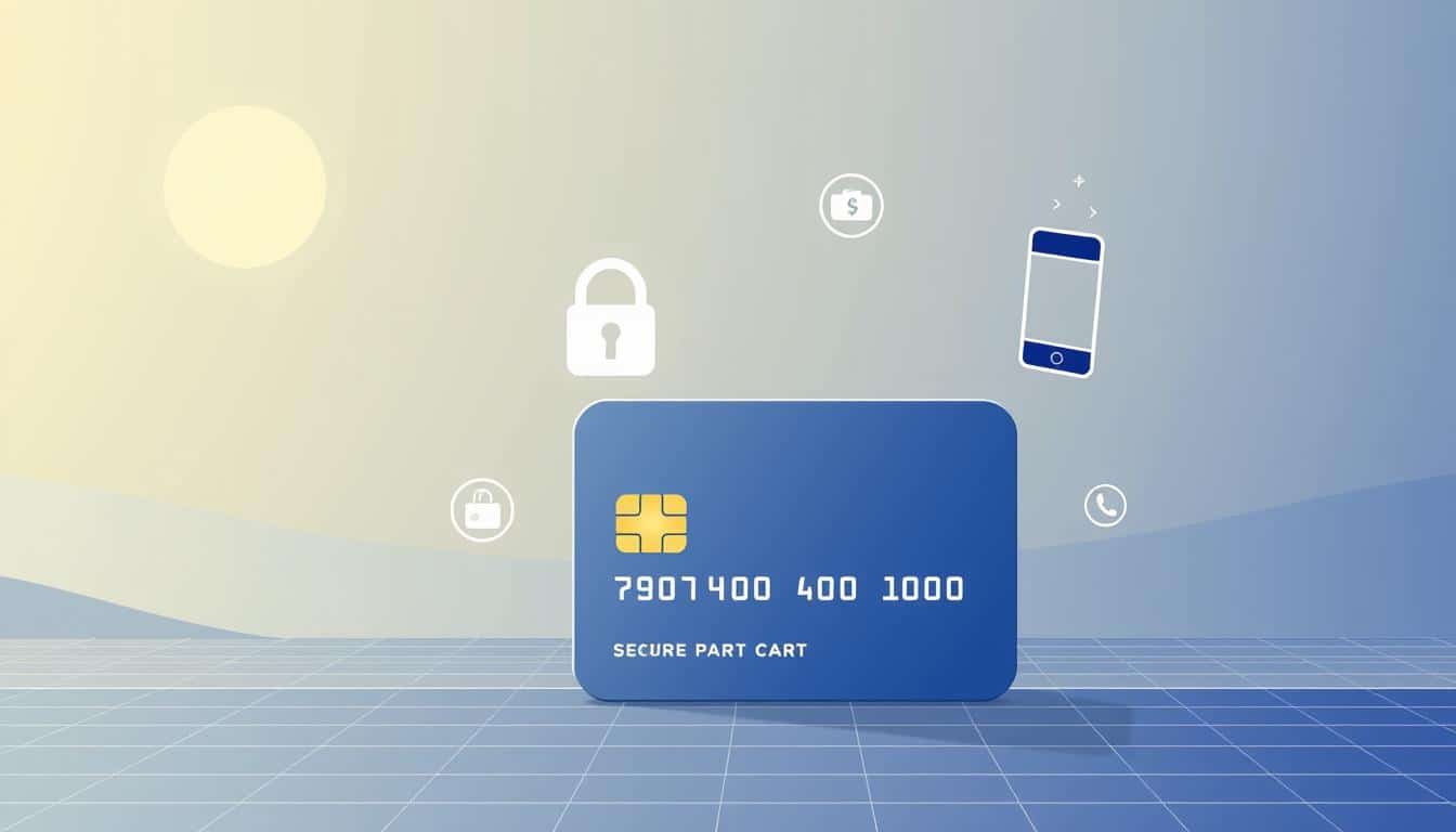A sleek and modern payment security illustration featuring a stylized credit card and various secure payment methods. The foreground showcases the credit card with a padlock icon, representing secure card transactions. In the middle ground, digital wallet and mobile payment icons symbolize alternative safe payment options. The background depicts a serene, minimalist landscape with a subtle grid pattern, conveying a sense of digital security and reliability. The overall composition is balanced, with a focus on simplicity and visual clarity to effectively communicate the safety of Shein's payment systems.