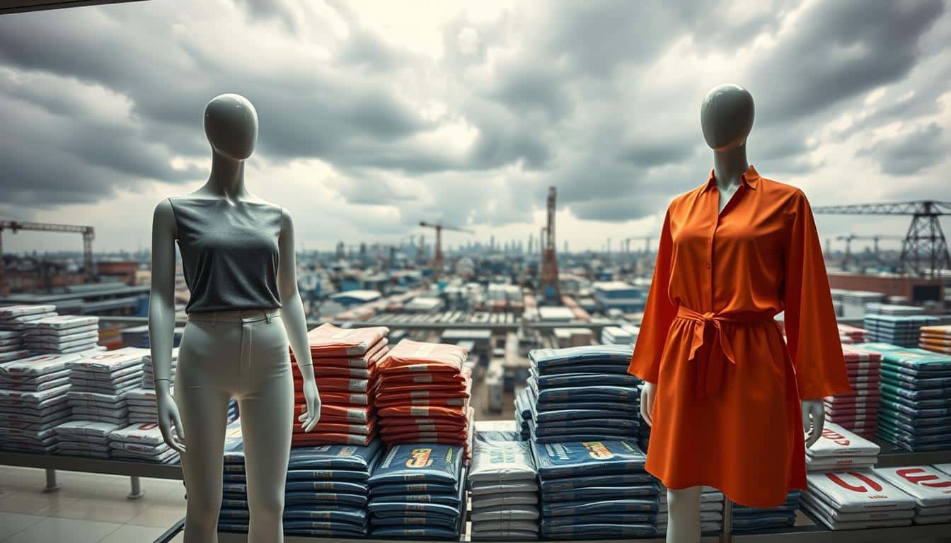 A vibrant, panoramic scene comparing Shein and Temu brands. In the foreground, two mannequins in cheap, low-quality fast fashion outfits stand side-by-side, conveying a sense of ethical compromise. The middle ground reveals stacks of hastily packaged Shein and Temu products, hinting at their concerning supply chains. In the background, a blurred industrial landscape suggests the exploitative factories churning out these budget-friendly items. Overhead, a gloomy, overcast sky casts an ominous tone, symbolizing the F-rated ethics and dubious quality control behind these fast fashion titans. Muted colors, sharp shadows, and a sense of unease pervade the scene, encapsulating the complex issues at the heart of this comparison.