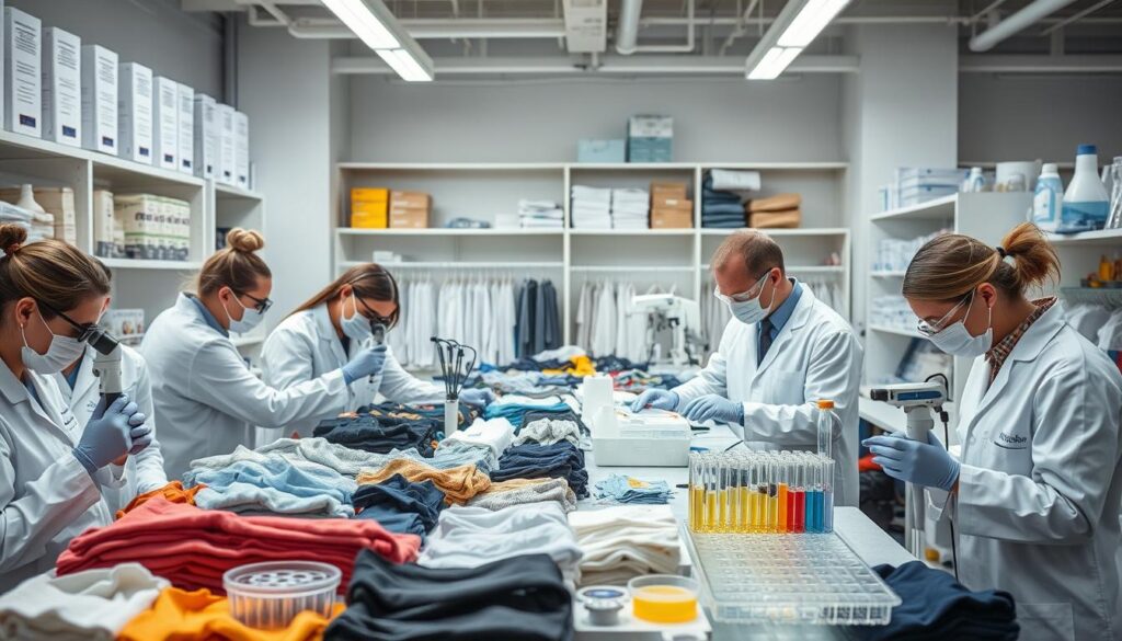 A well-lit and meticulously detailed laboratory setting, showcasing a variety of clothing items undergoing rigorous testing and evaluation. In the foreground, a team of scientists in white lab coats carefully examines fabrics, threads, and materials through magnifying glasses and specialized equipment, evaluating their chemical composition and compliance with regulatory standards. In the middle ground, rows of organized test tubes, Petri dishes, and analytical instruments provide a sense of the comprehensive evaluation process. The background features shelves of reference materials, safety equipment, and a clean, sterile environment, conveying the seriousness and professionalism of the regulatory testing procedures for clothing sold in the United States.