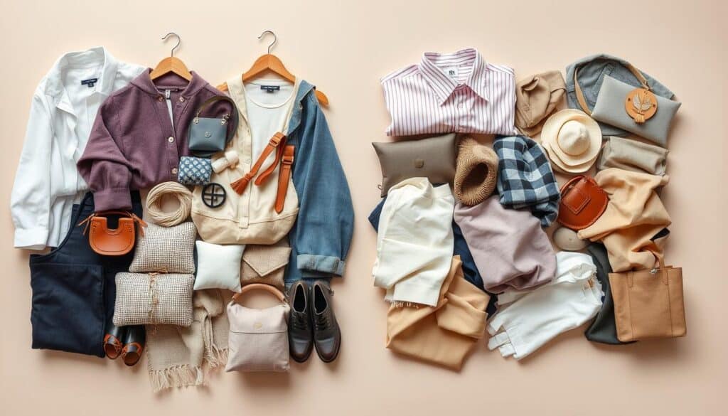 A well-lit, high-quality close-up photograph of an assortment of garments, accessories, and home goods from Shein and Temu, displayed side-by-side on a neutral-colored background. The Shein items are neatly arranged, showcasing their construction, fabrics, and overall product quality. In contrast, the Temu items appear more hastily assembled, with visible flaws in stitching, materials, and finishing. The lighting is balanced, creating a professional, objective comparison between the two brands' product quality.
